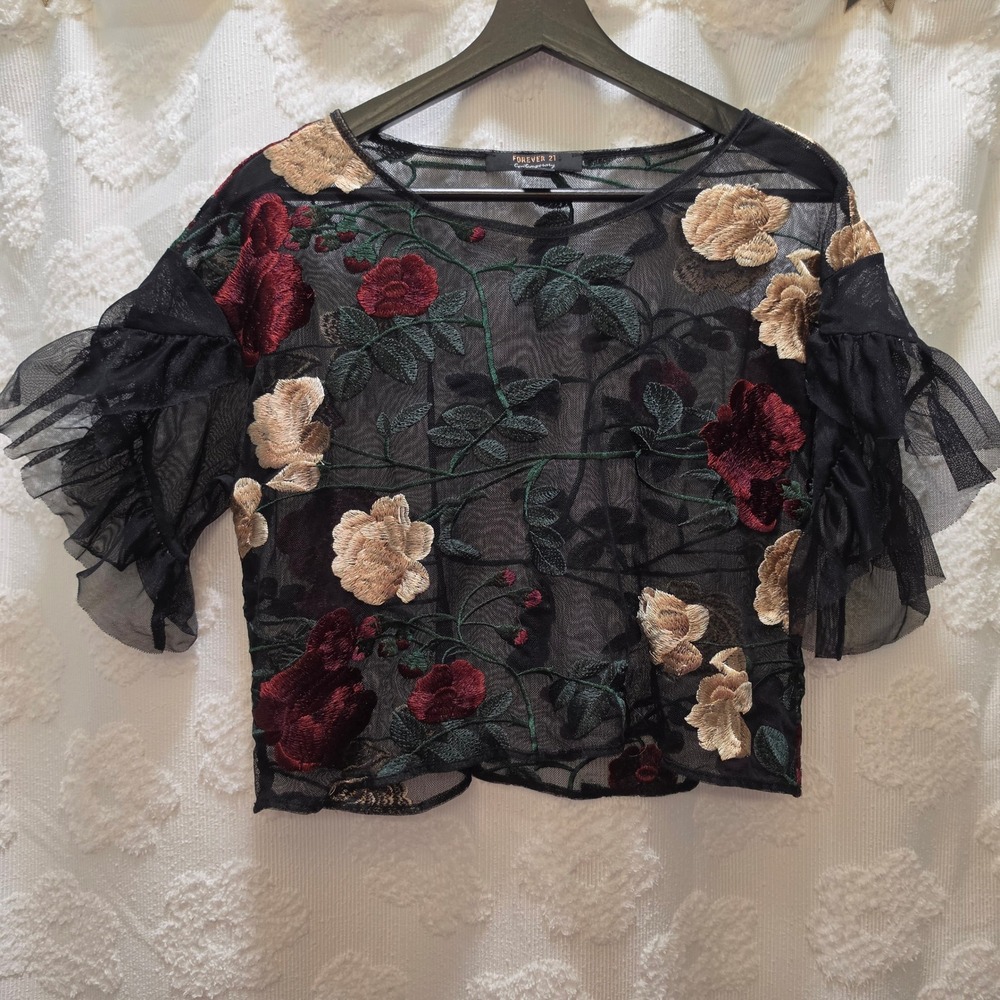 Forever 21 Contemporary Black Mesh Floral Embroidered‎ Ruffle Sleeve Crop Top S